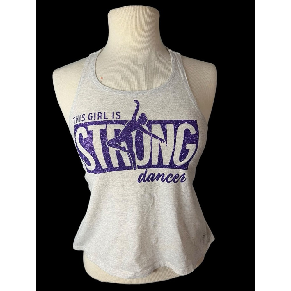 JUSTICE Girl 10 Strong Dance Racerback Gray Purple Glitter Workout Yoga Tank Top